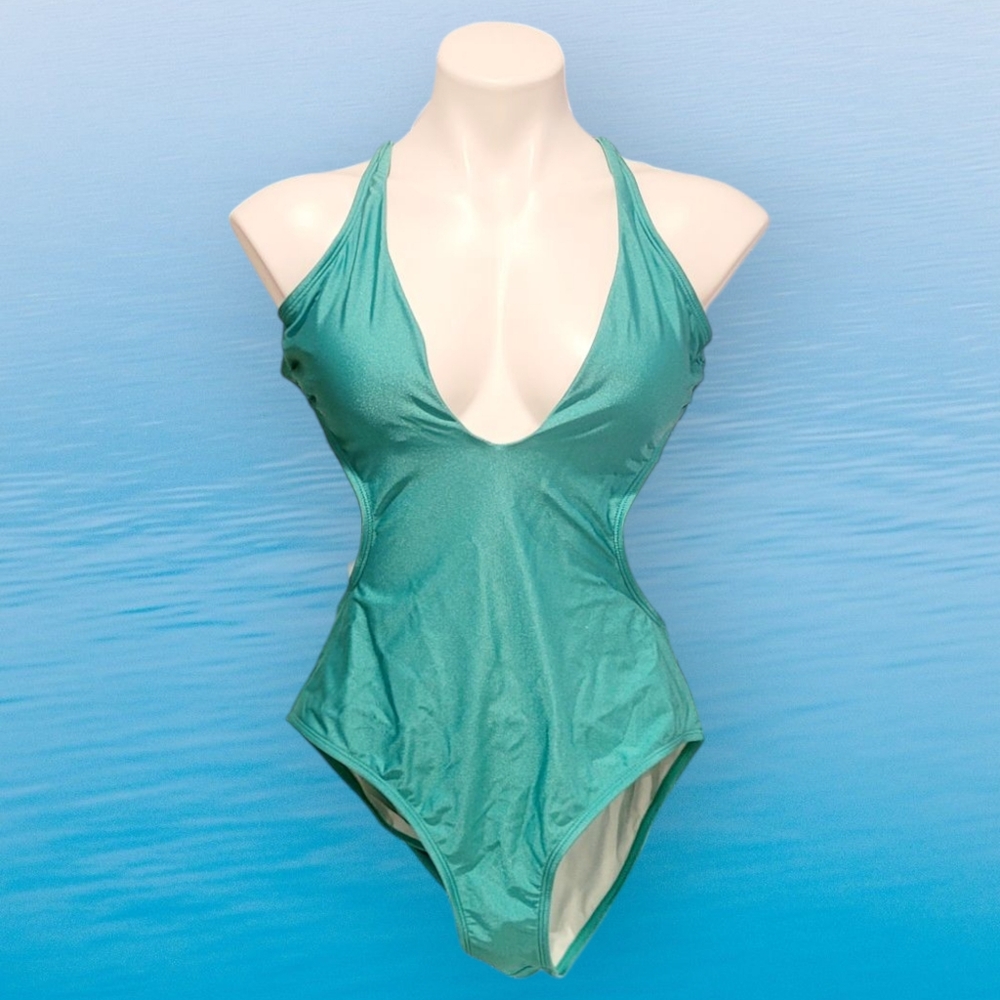 Cupshe Women's Large Aqua Deep Plunge One Piece Cutout Swimsuit
